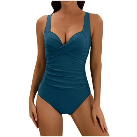 USNSM One Piece V-Neck Tummy Control Bathing Suit for Women Criss Cross Ruched Monokini Solid Color High Cut Swimsuit Navy XL