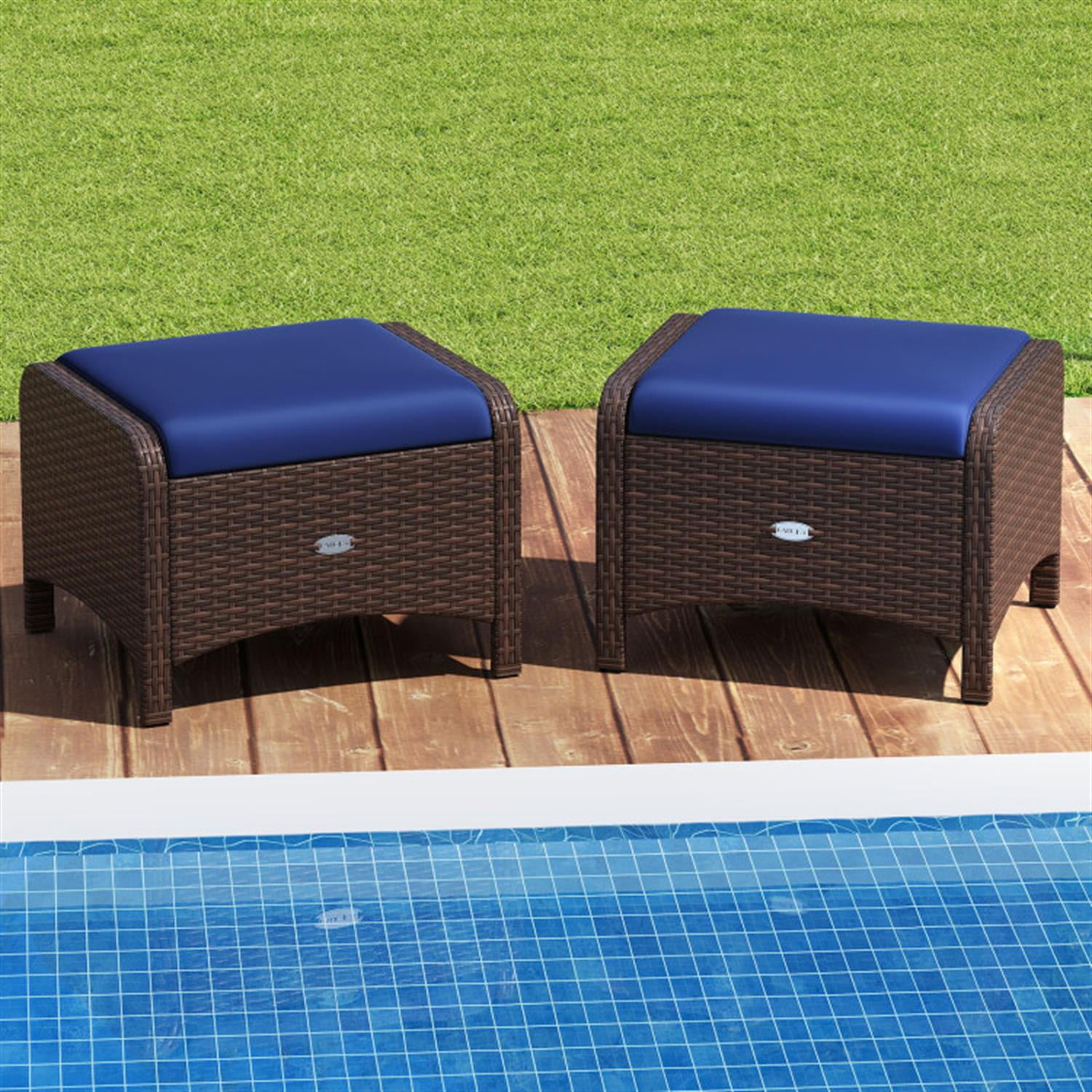 Demi Bonn 2 Pieces Outdoor Patio PE Wicker Ottomans with Removable Cushions for Yard, Pool or Backyard, Blue