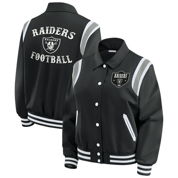 Women's WEAR by Erin Andrews Black Las Vegas Raiders Varsity Lightweight Full-Snap Jacket