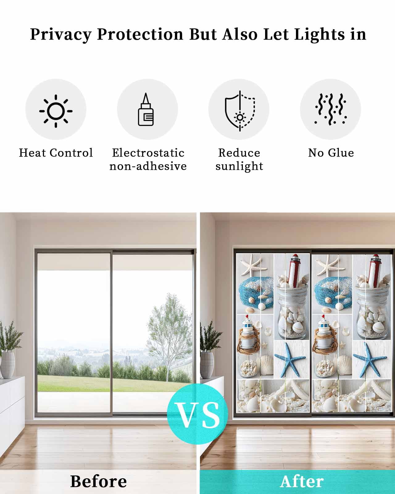 Window Privacy Film Starfish Stained Glass Window Film Decorative Sun Block Window Cover Ocean Shell Coastal Nautical Flag Light-house Window Clings Static Adhesive Sticker for Bathroom 23.6"x59"