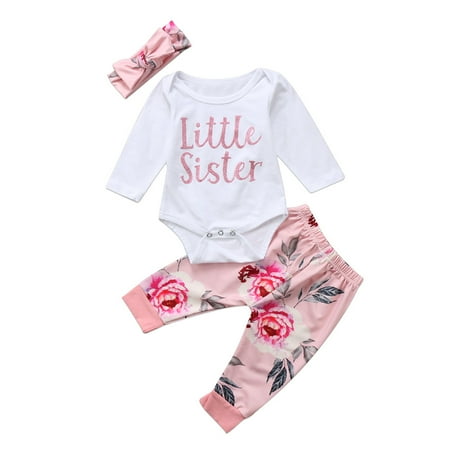 Little Sister Newborn Baby Girl Floral Outfit Set Clothes Romper Jumpsuit Bodysuit + Pants Leggings