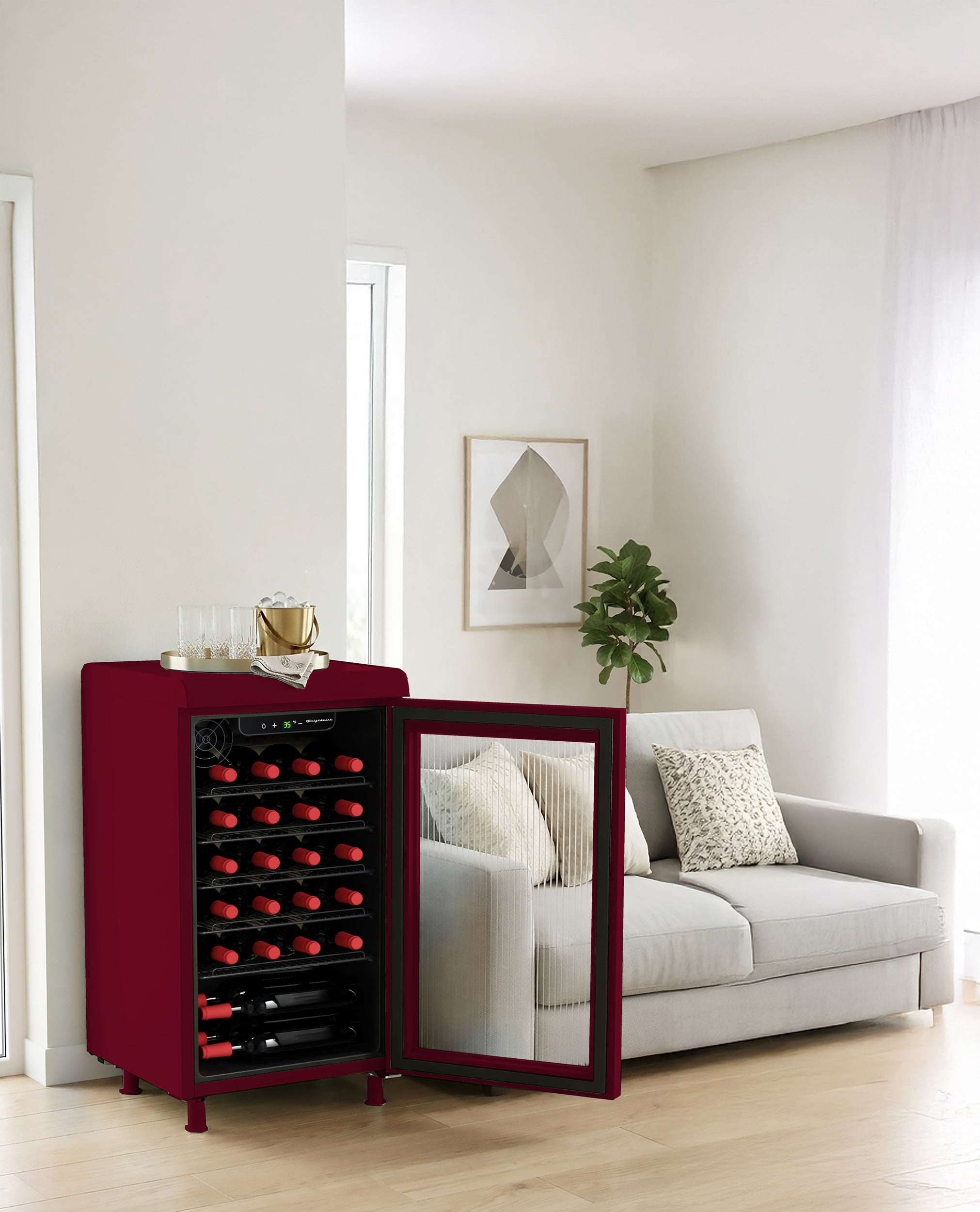 Frigidaire 27 Bottle / 117 Can Retro Wine Cooler with Built-in Bar Top, 3.1 Cu. ft. Beverage Refrigerator with Tempered Glass Door, Merlot