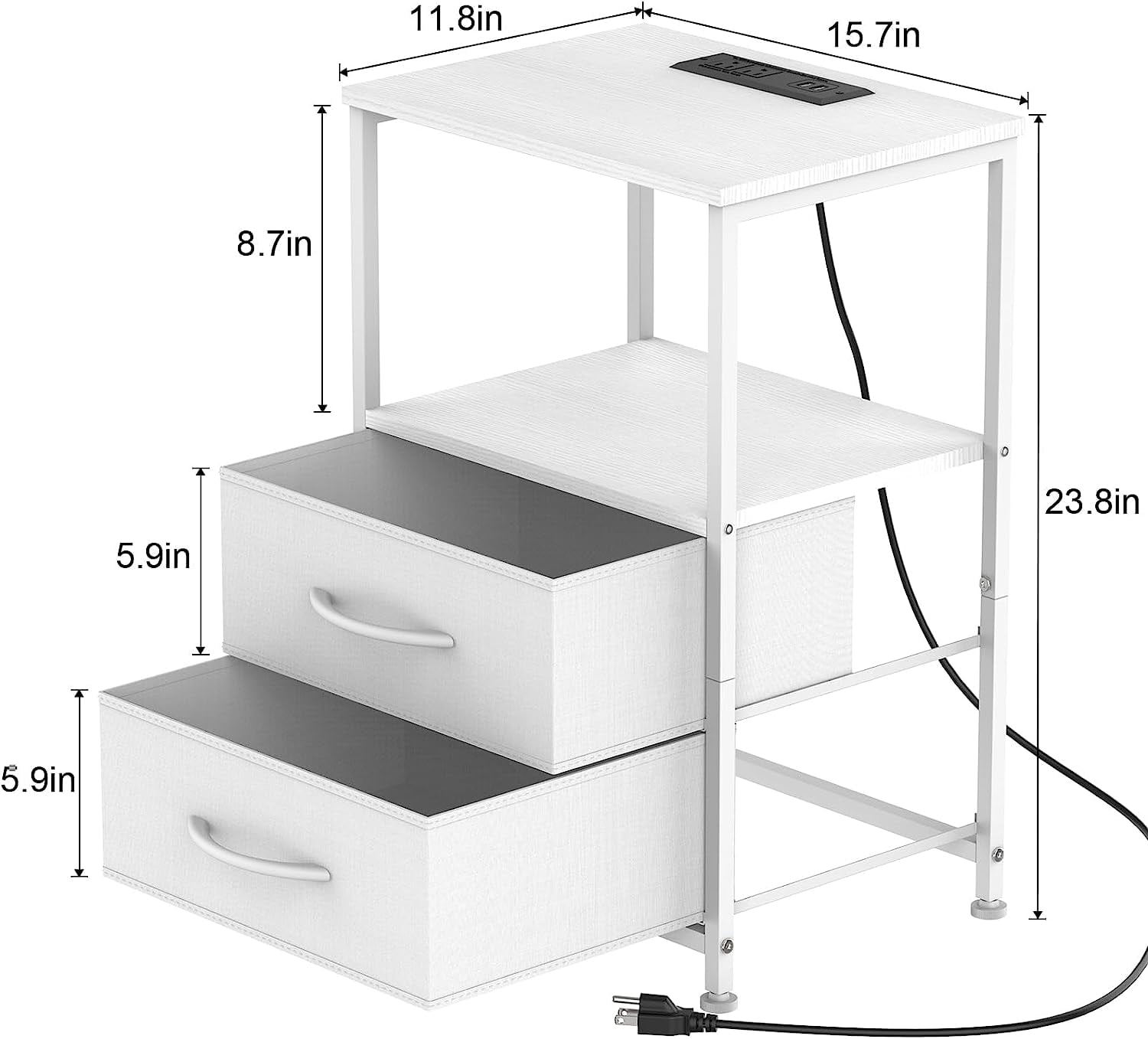 White Nightstand with 2 Fabric Drawers End Table with Charging Station
