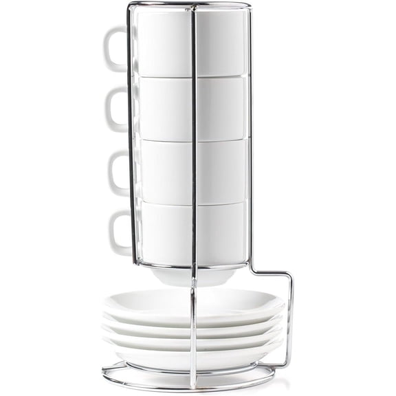 Stackable Porcelain Cappuccino Turkish Coffee Cups and Saucer with Chrome Rack (9 Piece Set) (3)