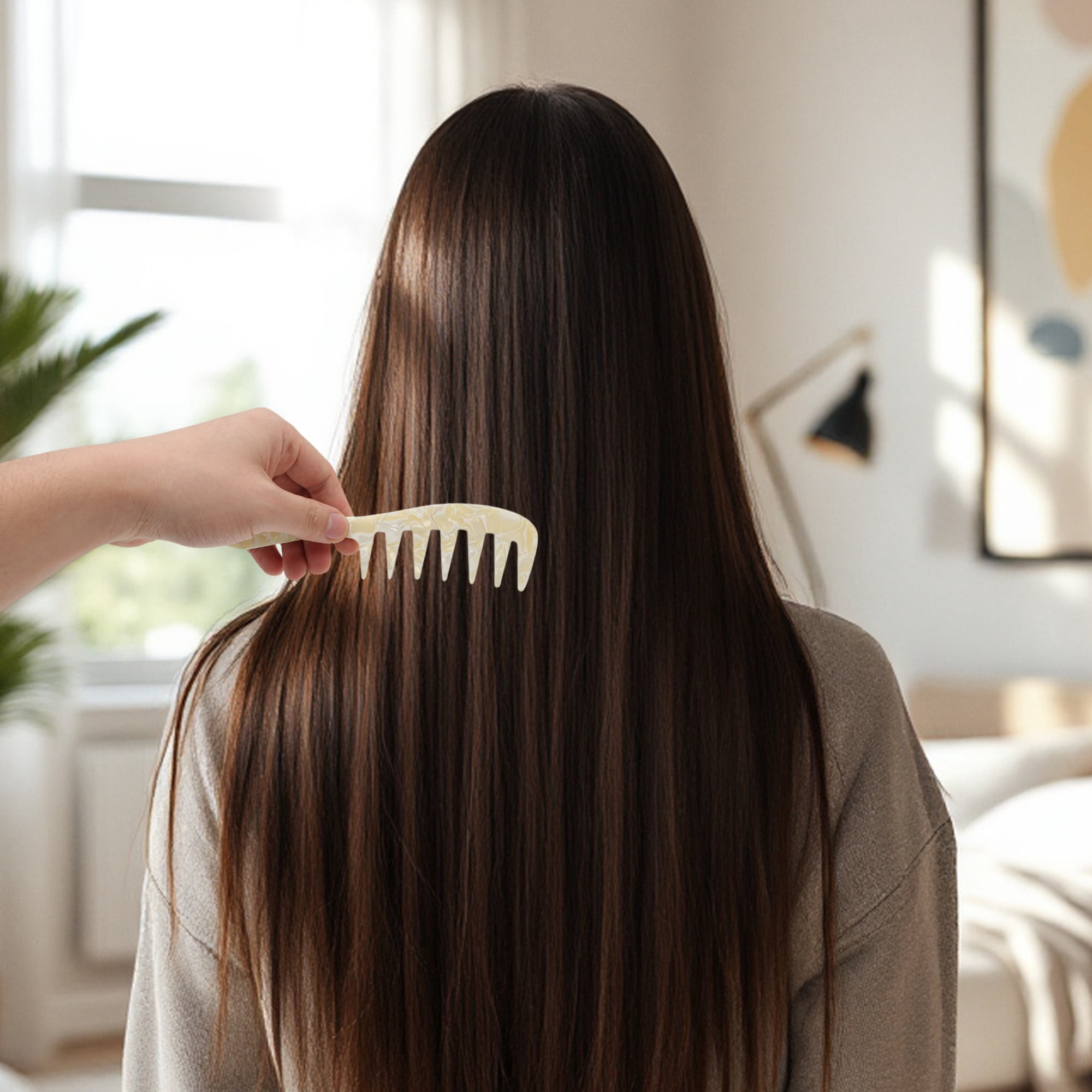 Unique Bargains 1 Pc Durable Long Handle Wide Tooth Comb for All Hair Types Care Yellow