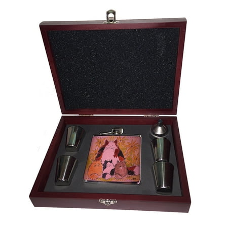 

KuzmarK Pink Leather Flask Set in Rose Wood Gift Box - Maine Coon Kitty Family Mama and Kittens with Sunflowers Cat Art by Denise Every