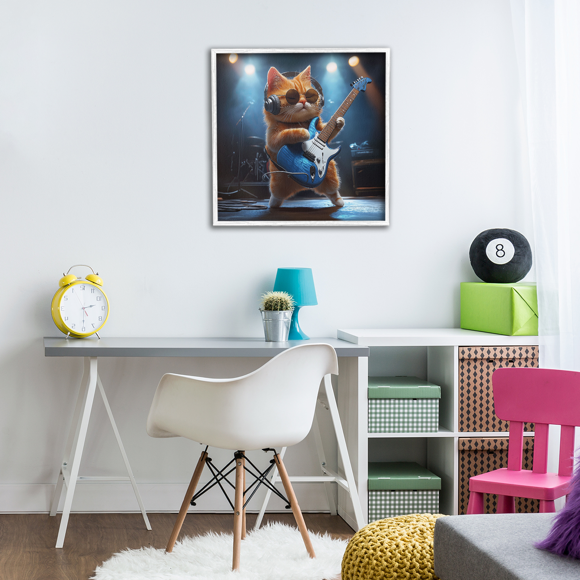 Cat Guitarist in Band White Framed Giclee Art, design by Jim Baldwin