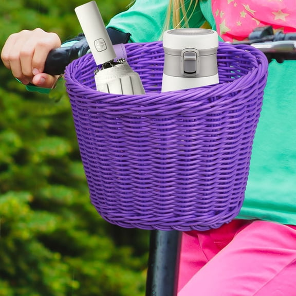 CozyFiel Handwoven Plastic Rattan Kids Front Bike Basket with Detachable Handles, Adjustable Straps Storage Basket for Children Bicycles Scooters Tricycles, 1 Pack, 21 cm×16 cm×16 cm, Purple