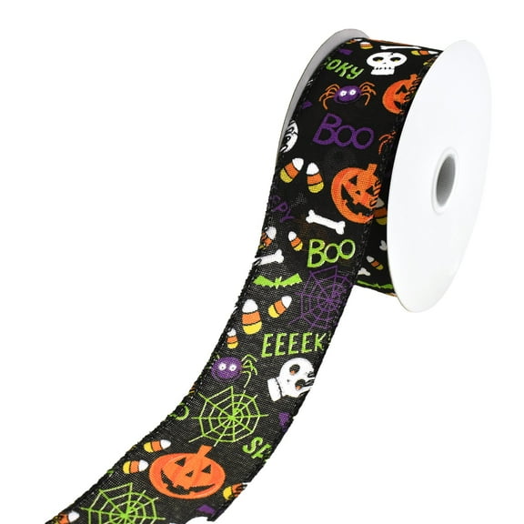 Cartoon Pumpkin and Skull Wired Ribbon, 2-1/2-Inch, 10-Yard - Black