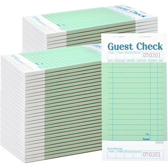 Guest Checks Server Note Pads 64 Pack 3200 Orders, Green Guest Check Pads with Bottom Receipt, Waitress Notepad for Restaurant Business