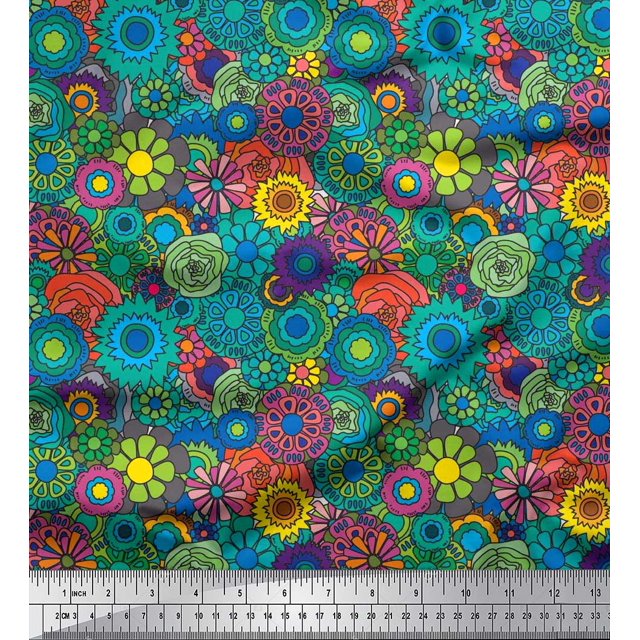 Soimoi Rayon Fabric Colorful Flowers Clip Art Print Fabric by Yard 56 Inch Wide