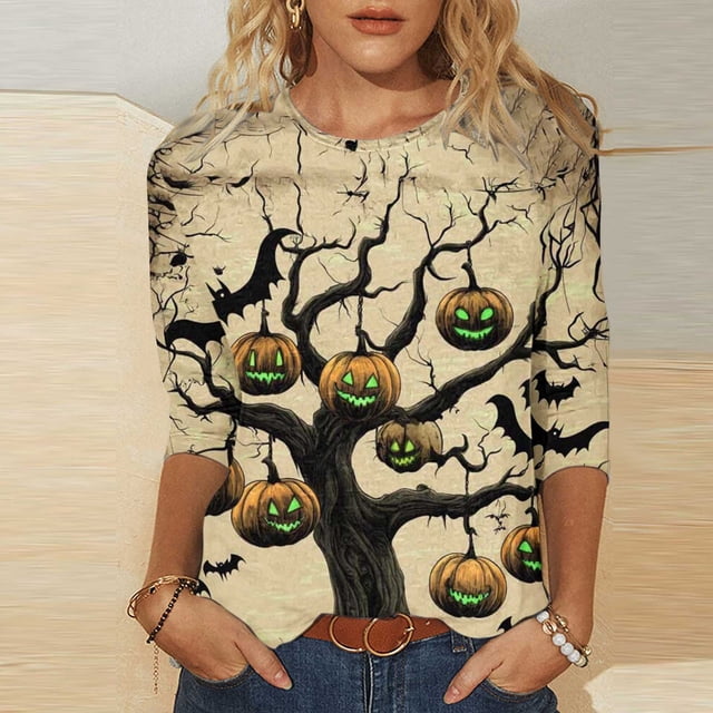 Heisall Womens Tops 3/4 Sleeve Round Neck Loose Casual Blouses Halloween Print Tshirts Festive Fashion 2025 New Arrival