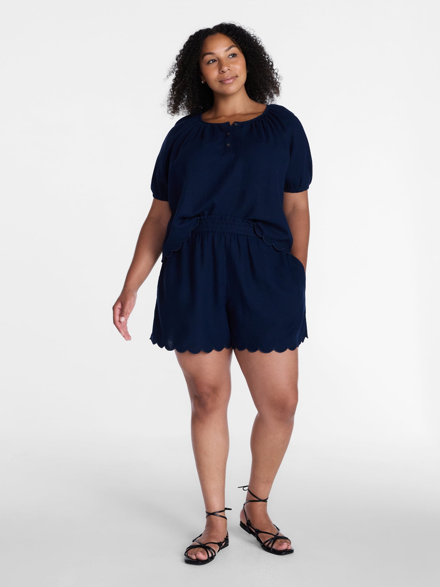 Time and Tru Women's Linen Blend Shorts with Scalloped Hem, Sizes XS-XXXL