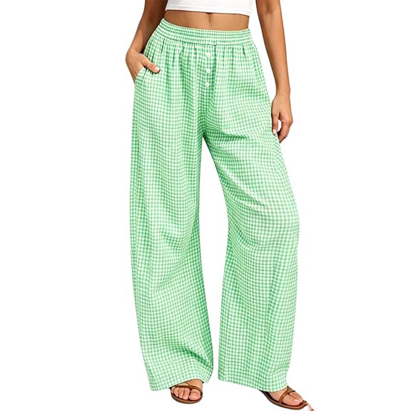 Maplenight Womens Plaid Pants with Pockets Elastic Waist Wide Leg Lounge Pants Summer Beach Vacation Trousers