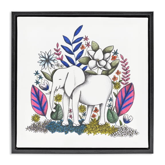 Elephant in Midst of Flowers Black Framed Floater Canvas Wall Art, design by Cecilia Battaini