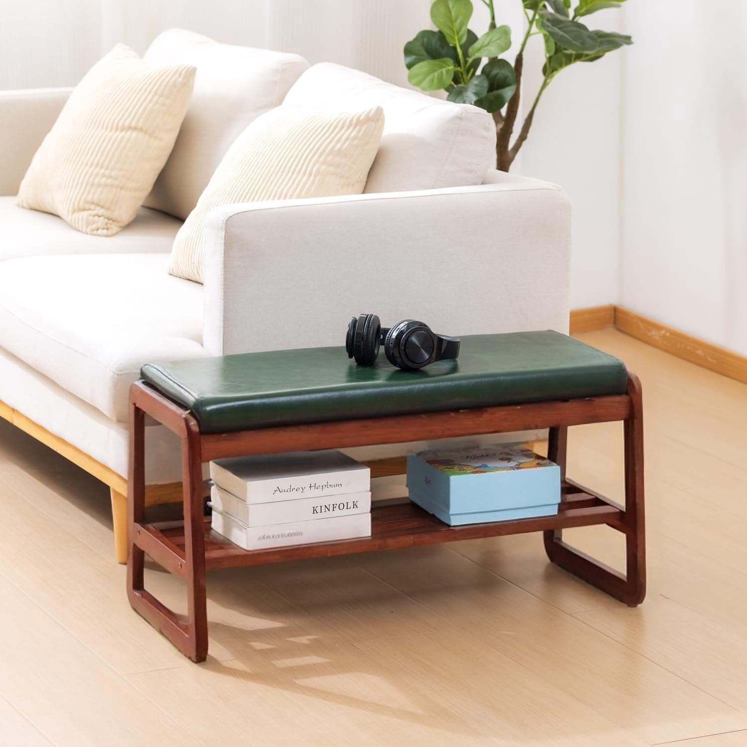 Solid Wood Shoe Bench, 2-Tier Wooden Entryway Bench, Modern Shoe Rack with Faux Leather Cushion for Hallway, Living Room