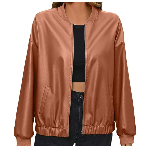 eileial Leather Jacket for Women Women's Funnel Collar Leather Moto Jacket,Brown XL