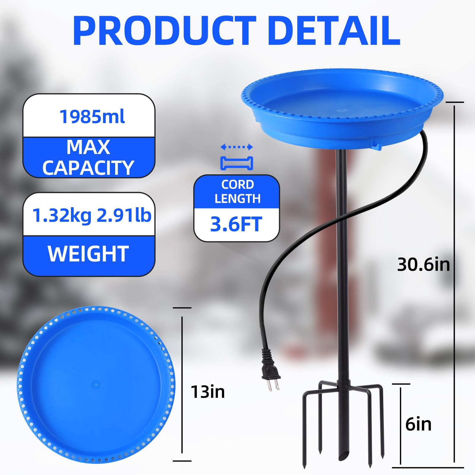 Heated Bird Bath for Outdoors for Winter, 75W Bird Bath Water Heater Bird Bath Deicer,Deep Bowl Thermostatic Control Weather Resistance Available with Stable Metal Pole for All Seasons(Blue)