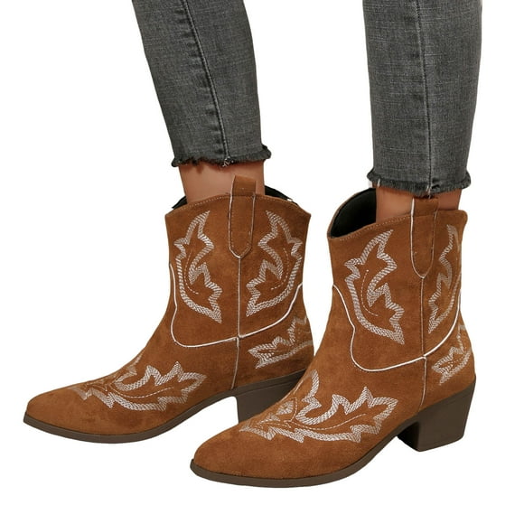 Dakaela Women's Western Booties Round Toe Cowboy Cowgirl Boots Low Chunky Heel Country Riding Shoes