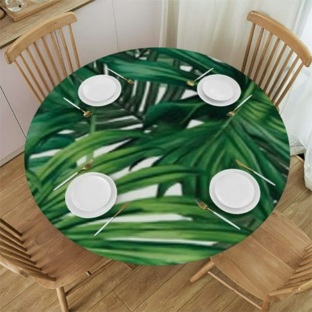

Leaf Fitted Tablecloth Round Tropical Banana Palm Tree Leaves Oil Stain Resistant Washable Elastic Edge Table Cover for Family Terrace