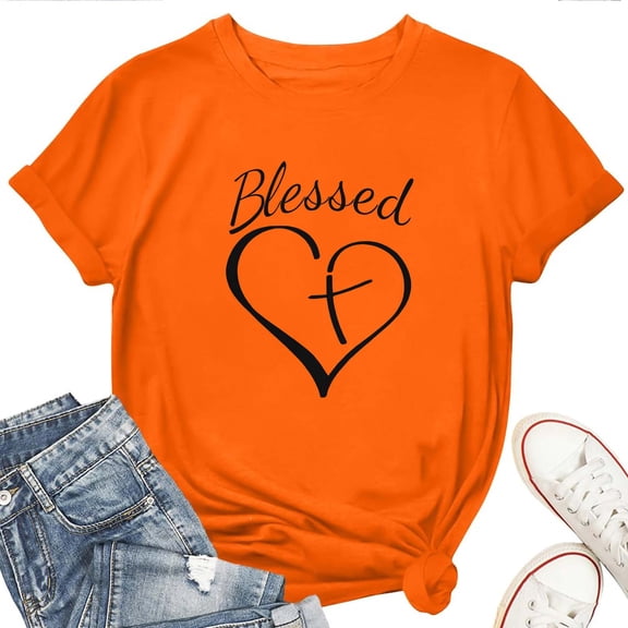 Women's T-Shirt Blessed Heart & Cross Tee Valentine's Day T-Shirt Soft Cotton Casual Short Sleeve Top