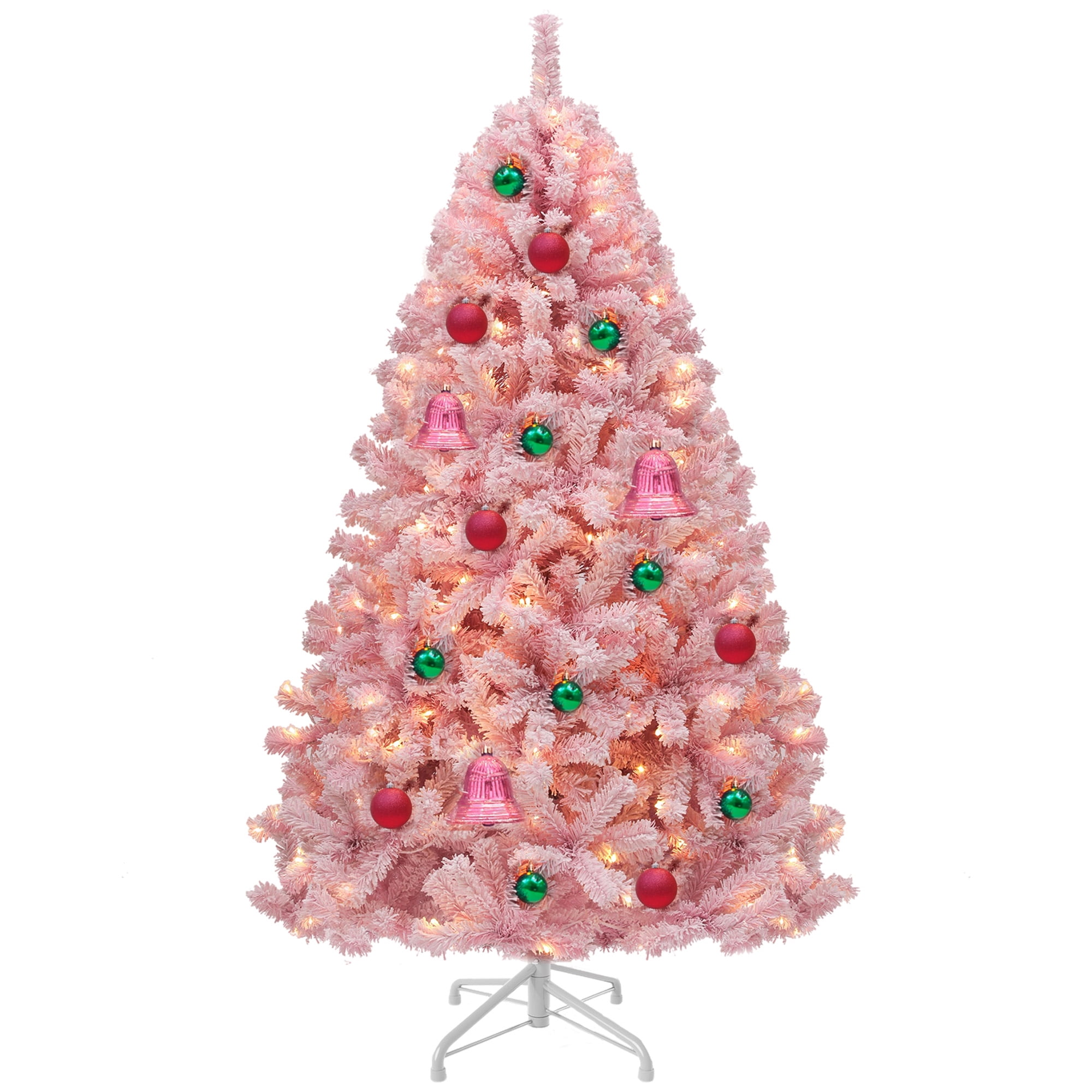 Uforic 6ft Pre-Lit Pink Artificial Christmas Tree, Flocked Spruce Artificial Christmas Tree with 928 PVC Tips and 250 Lights, Pink
