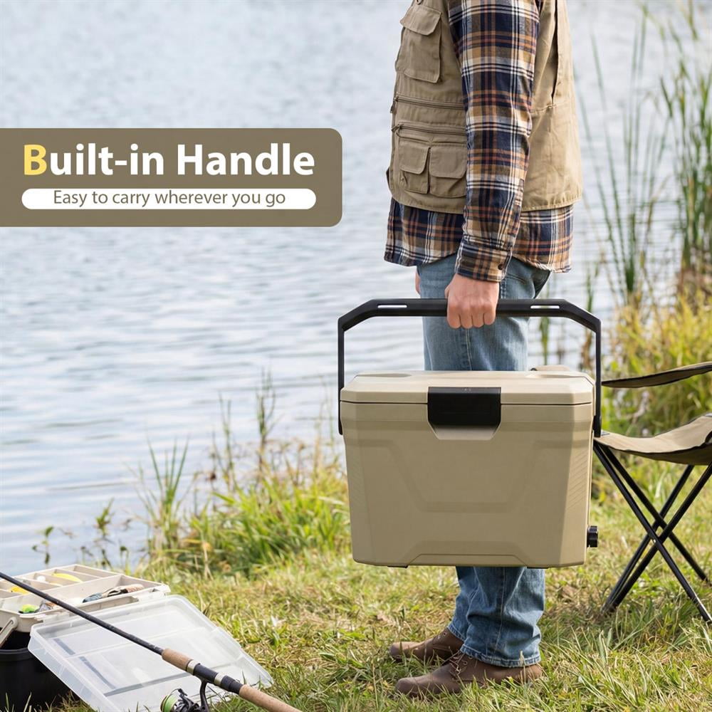 Topcobe Insulated Portable Cooler Hard Shell Ice Chest with 2 Cup Holders, Portable Water Cooler, Cooler with Wheels-Sand Color