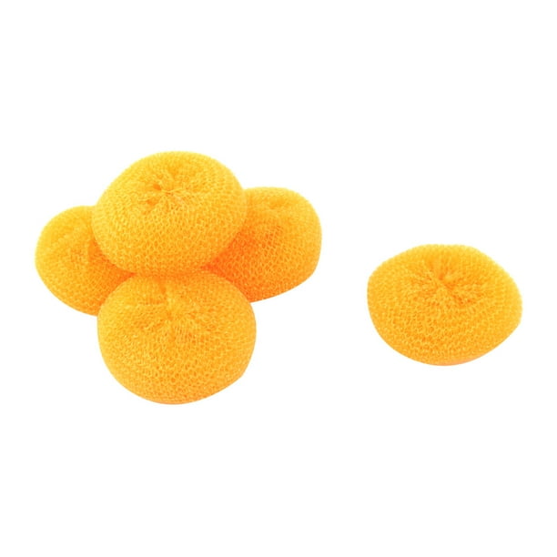 Esponja de limpieza de plástico redonda para platos, herramienta de malla, color naranja, 5 piezas