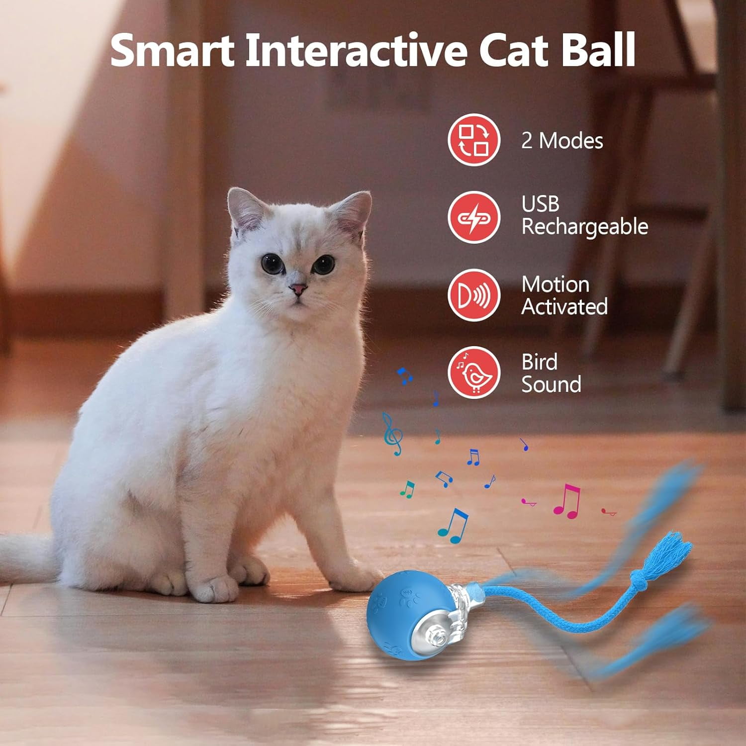 Automatic Rolling Ball Toy for Indoor Cats: Motion-Activated with Chirping, USB Rechargeable Blue Interactive Gift Featuring Speedy Tail 2.0