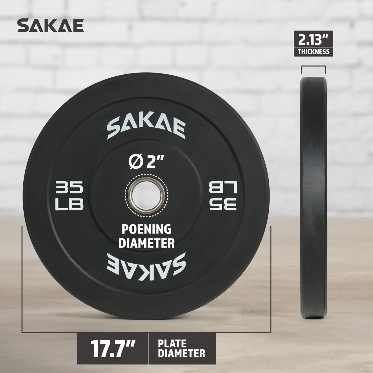 SAKAE Olympic Rubber Bumper Plates, 2-Inch Weight Plates Set with Steel Hub, Ideal for Weightlifting, CrossFit Equipment, Strength Training & Home Gym Workout, 35LB Single