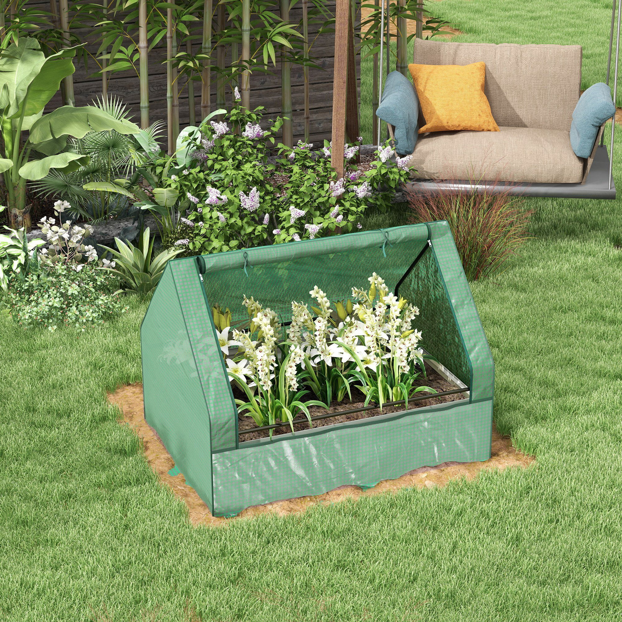 Garden Bed with Mini Greenhouse, Galvanized Outdoor Planter Box with Cover Blue