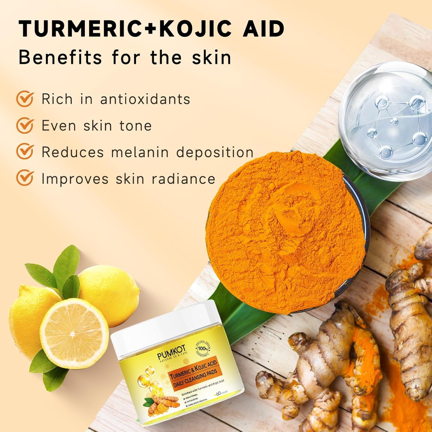 Kojic Acid and Turmeric Cleansing Pads, Turmeric Cleansing Pads, Face Turmeric Kojic Acid Pads, Helps Balance Skin Oil And Water - 60 Pack