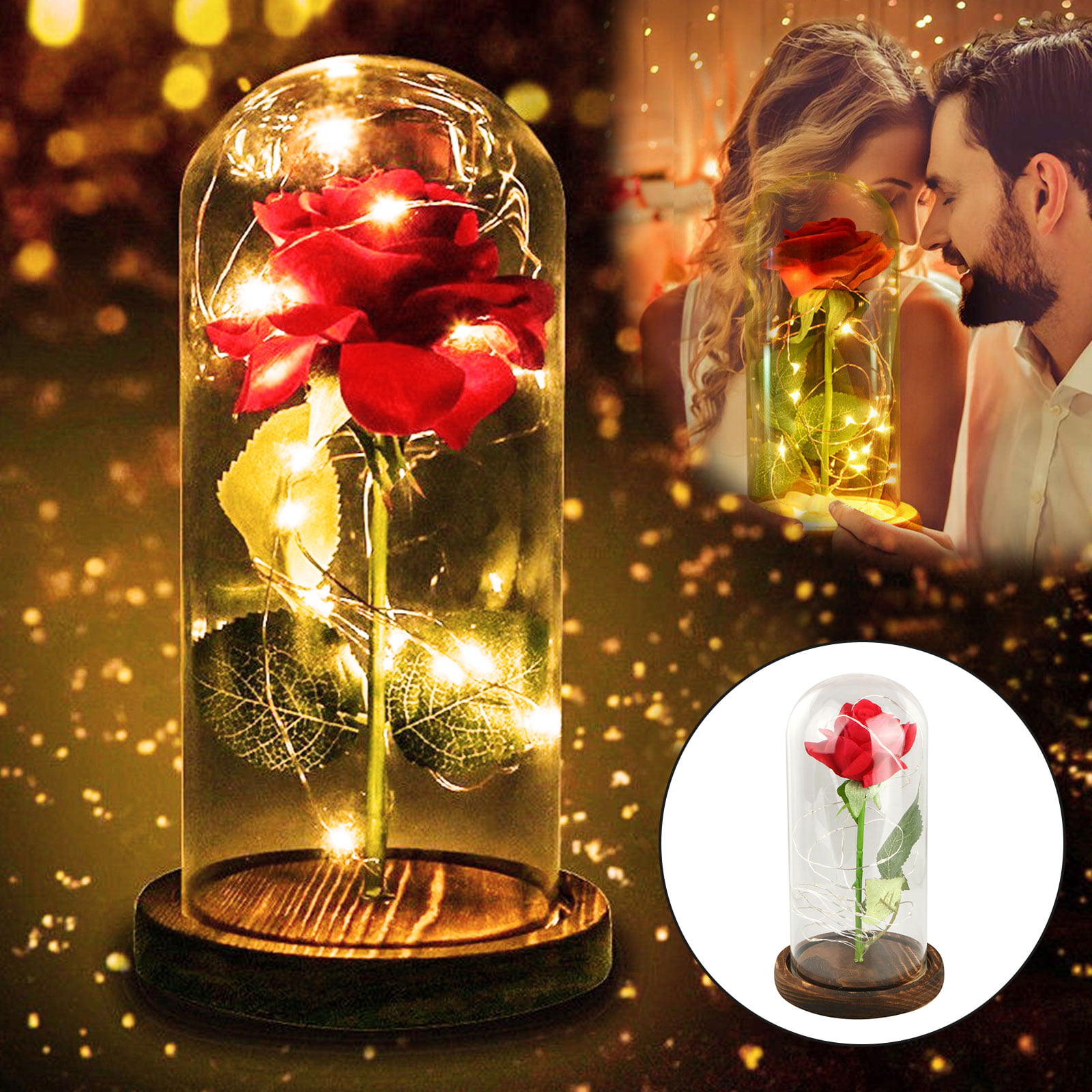 Beauty And The Beast Rose In A Glass Enchanted Dome LED Light Lamp Decor Gift