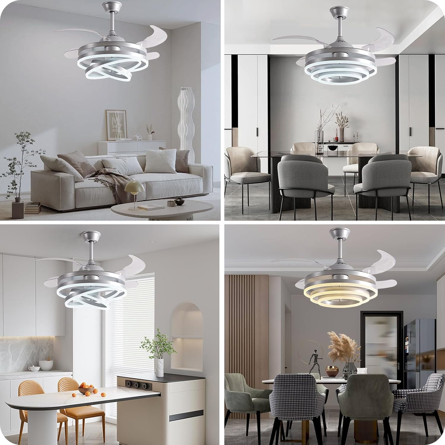 Datingday 42" LED Invisible Ceiling Fan Chandelier,Modern DIY Ceiling Fan Light Remote Control 4 Retractable ABS Blades for Bedroom Living Dining Room Decoration (Silver)