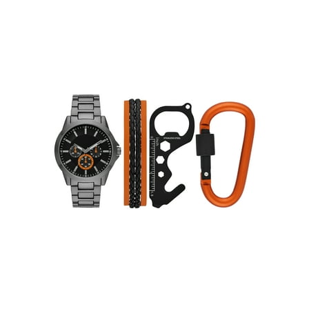 Folio Men's Gunmetal Tone Round Analog Bracelet Watch with Braided Bracelet, Orange Metal Carabiner and Black Multi-tool Gift Set (FMDAL1142)