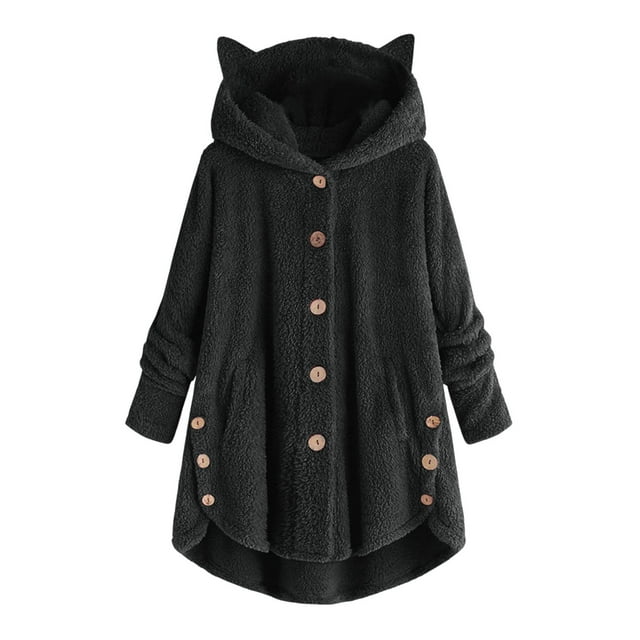 Women's Plus Size Jacket Casual Color Block Sweatshirt Button Front Hoodie Loose Fit Warm Winter Coat Outerwear