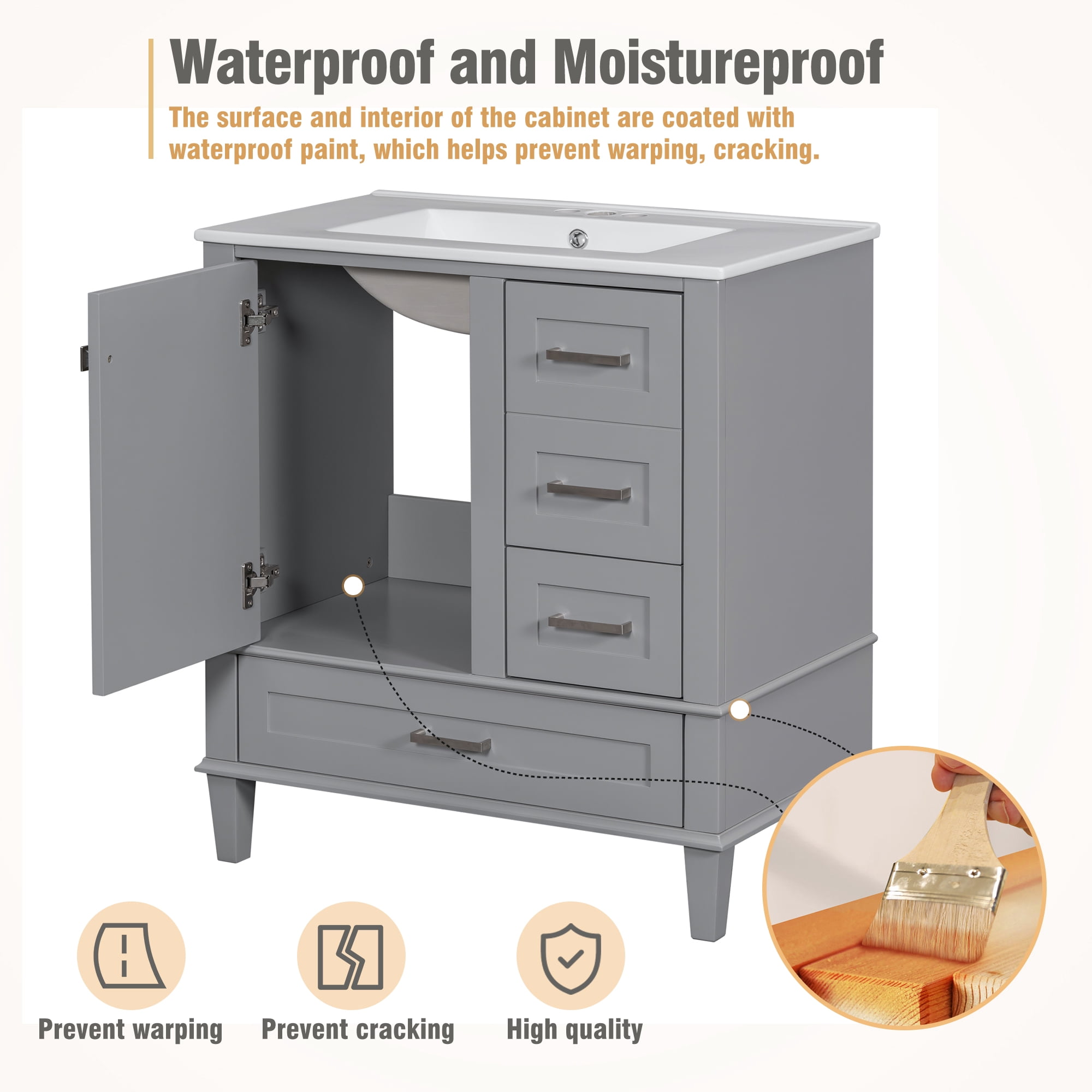 Harper & Bright Designs 30" Bathroom Vanity, Bathroom Cabinet with Sink Combo Set, Bathroom Storage Cabinet with Soft Closing Door and 3 Drawers, Grey