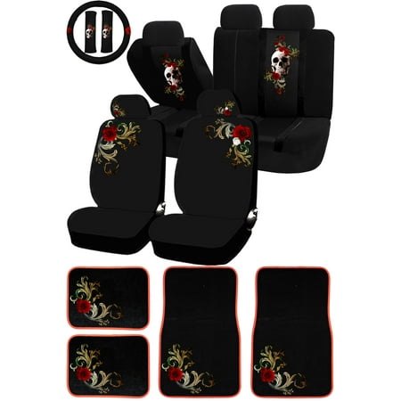 26pc Fragrant Elegance Red Flower Skull Universal Seat Covers