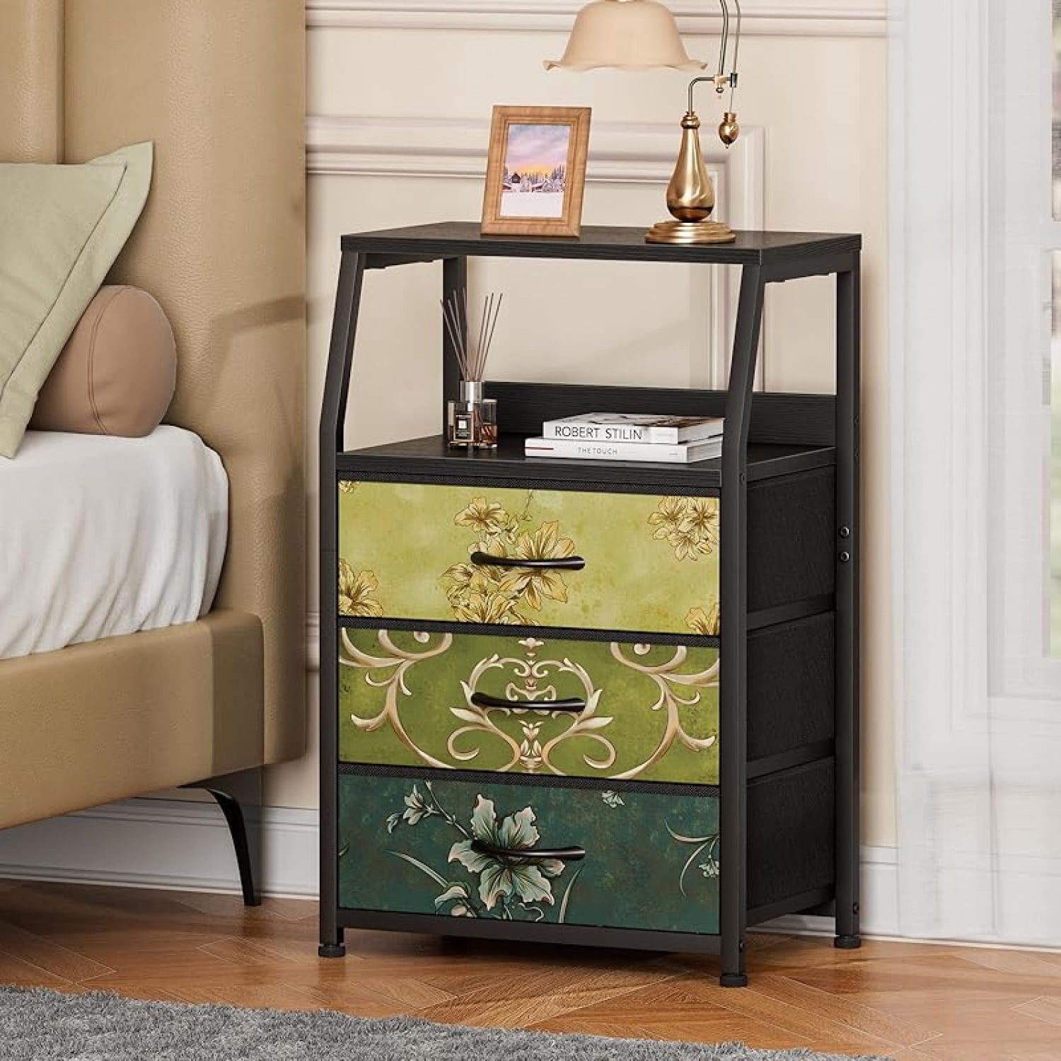 Tall 5 Drawers Dresser, Vertical Storage Tower for Bedroom, Hallway, Entryway, Nursery, Closet Organizer, Nightstand Bedside Table Furniture, Sturdy Steel Frame, Wood Top