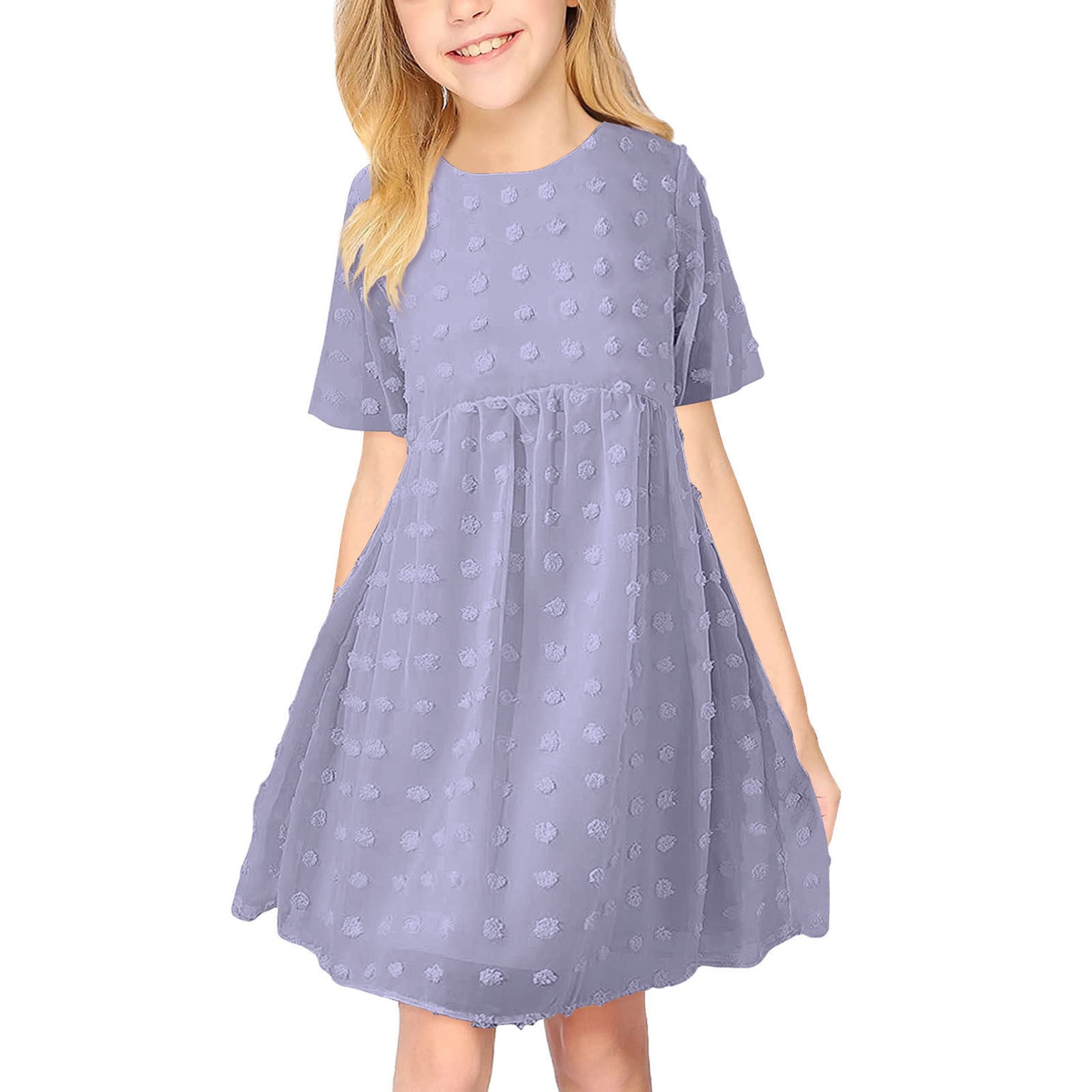 adviicd Girls Dress Girls Dresses Short Sleeve Loose Plain Casual Ruffle Swing Long Midi Dress Purple 130