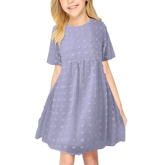ASFGIMUJ Girls Dresses Casual Dot Dress Short Sleeve Pleated A Line Elastic Waist Cute Dresses Pageant Dresses For Girls,Size 7 Years—8 Years