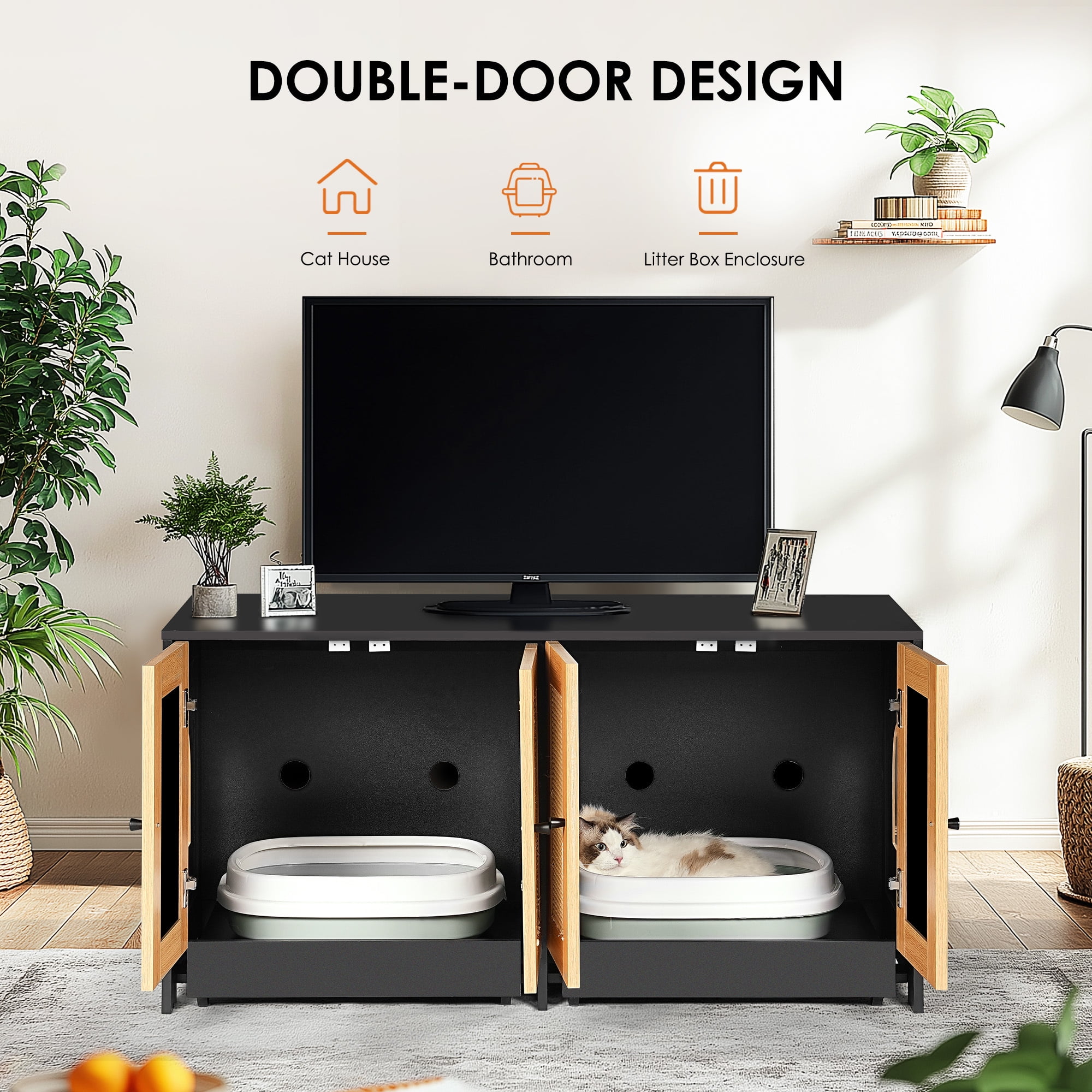 YIYADO Double Cat Litter Box Enclosure, Hidden Litter Box Furniture for 2 Cats with Rattan Doors & Scratching Panels, Black