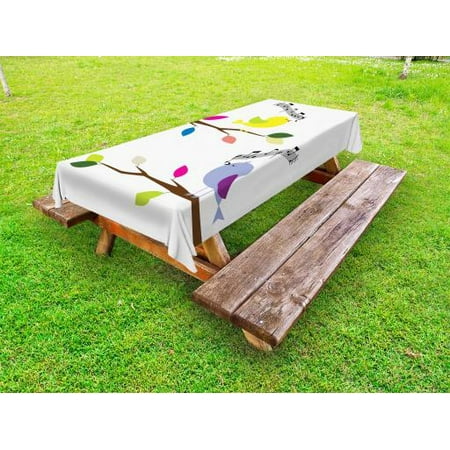 Best Singing Birds Birds Outdoor Tablecloth, Cute Colorful Birds Singing on Tree Best Happiness Mascots Artsy Humor Illustration, Decorative Washable Fabric Picnic Table Cloth, 58 X 84 Inches,Multicolor, by Ambesonne ()