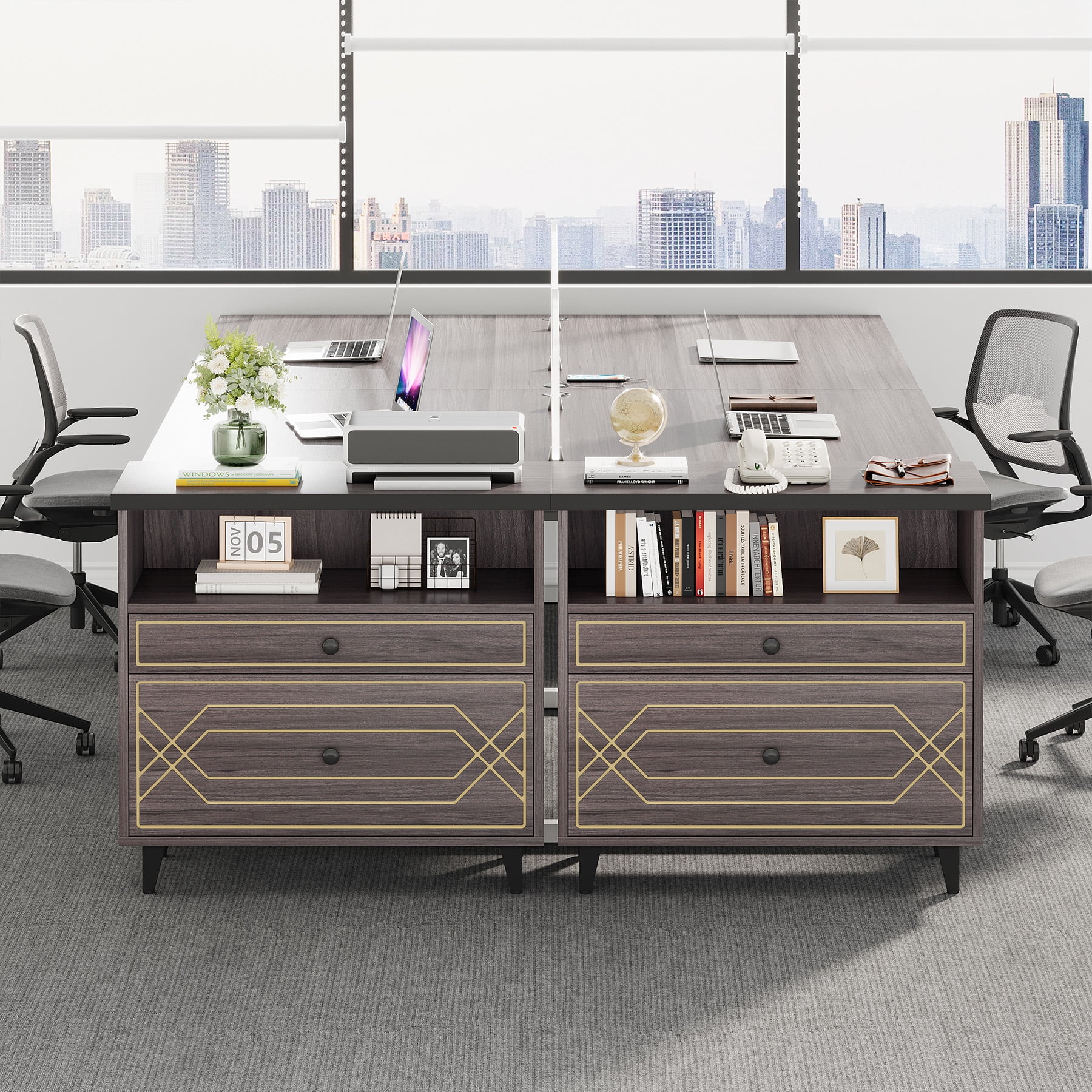 Condemo Lateral File Cabinet, 2 Drawer Filing Cabinet for Letter Size File, Modern Office Storage Cabinet Printer Stand for Home Office, Gray Brown
