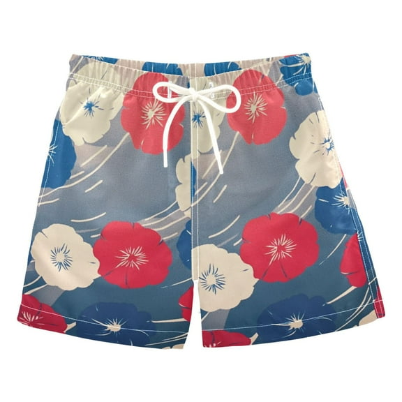 Red White and Blue Flowers Boys Swim Trunks Quick Dry Boy Swim Shorts for 3-14 Years