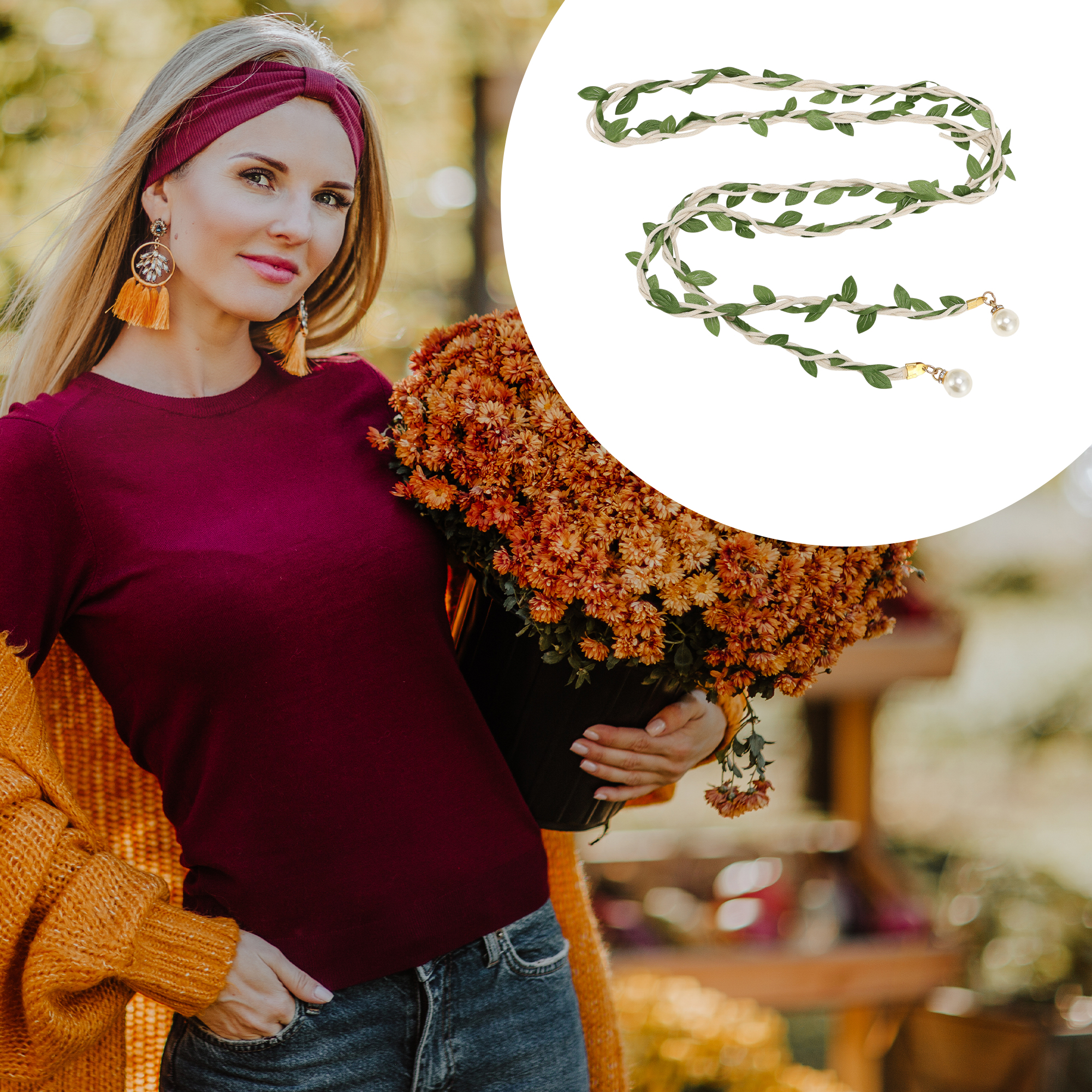 Unique Bargains Leaf Tassel Handmade Cord Belt 1Pc for Fashionable Styling Green, White