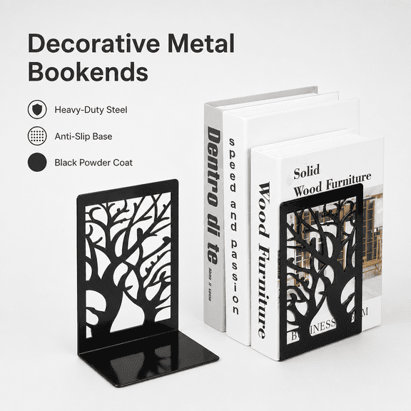 Decorative Metal Bookends for Shelves, Heavy Duty Non-Skid Book Supports for Bookshelves, Home Office Desk Decor