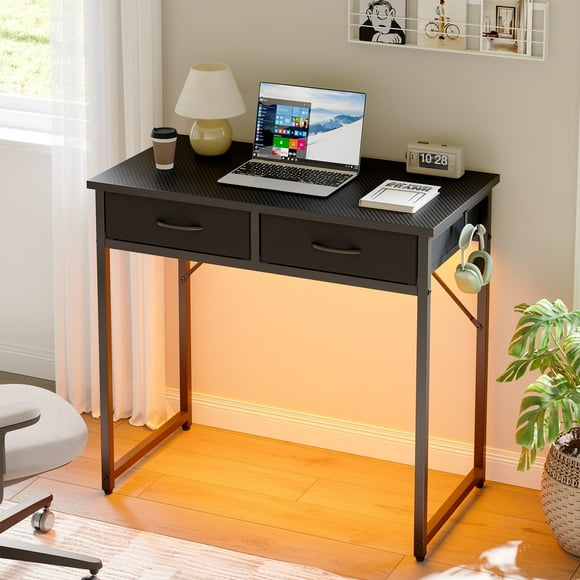 Pinmoco Writing Desk with 2 Fabric Drawers& Hanging Hook, 32 Inch Computer Desk Study Table Vanity Desk for Small Spaces, Home Office, Black
