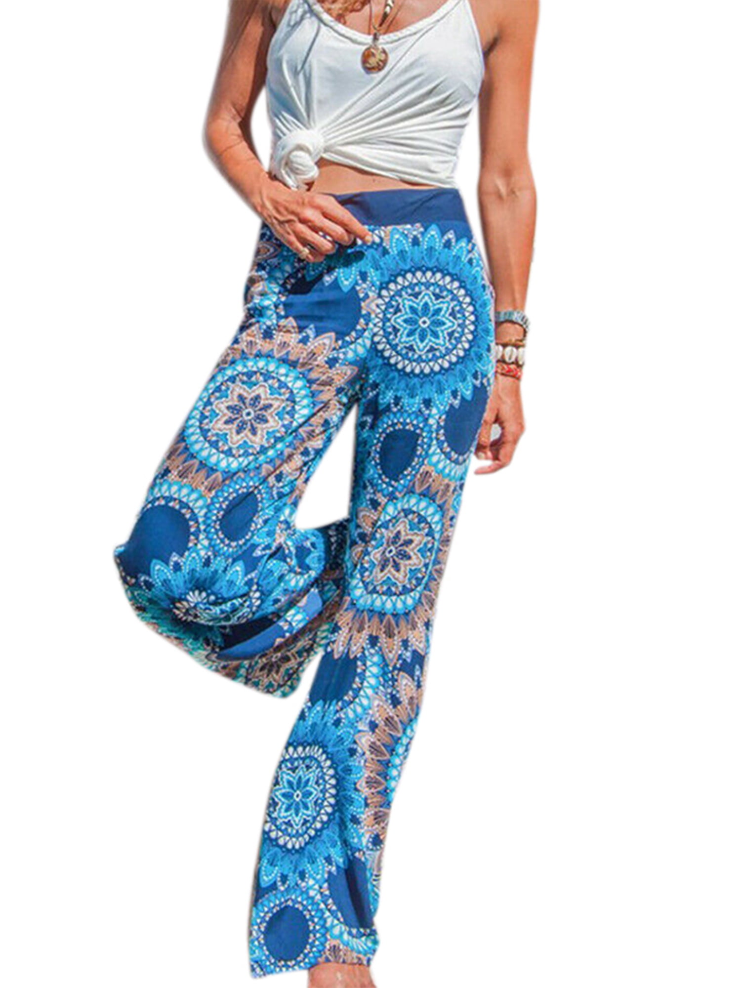 LINKIOM Floral Prints High Waist Wide Leg Lounge Pants Womens Comfy Stretch Leopard Print Drawstring Pants