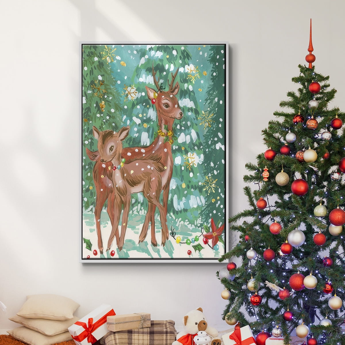 Doe and Fawn II - Framed Gallery Wrapped Holiday Canvas - 17 x 25 - White Frame